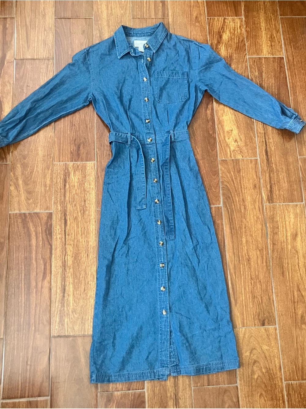 Button-Front Long-Sleeve Denim Shirt Dress with Self-Tie Waist - Blue